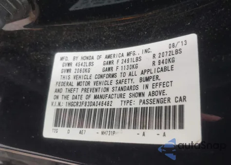 2013 Honda Accord Touring from USA, damaged, VIN 1HGCR3F93DA046482